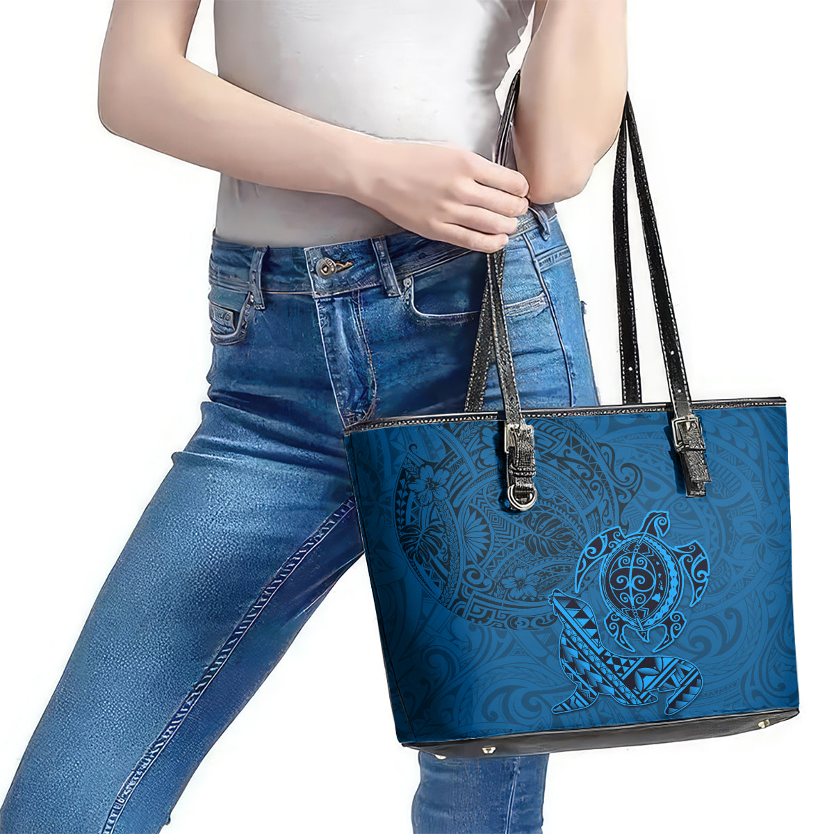 Hawaii Monk Seal and Dolphin Leather Tote Bag Polynesian Kakau Pattern Blue LT03 - Polynesian Pride