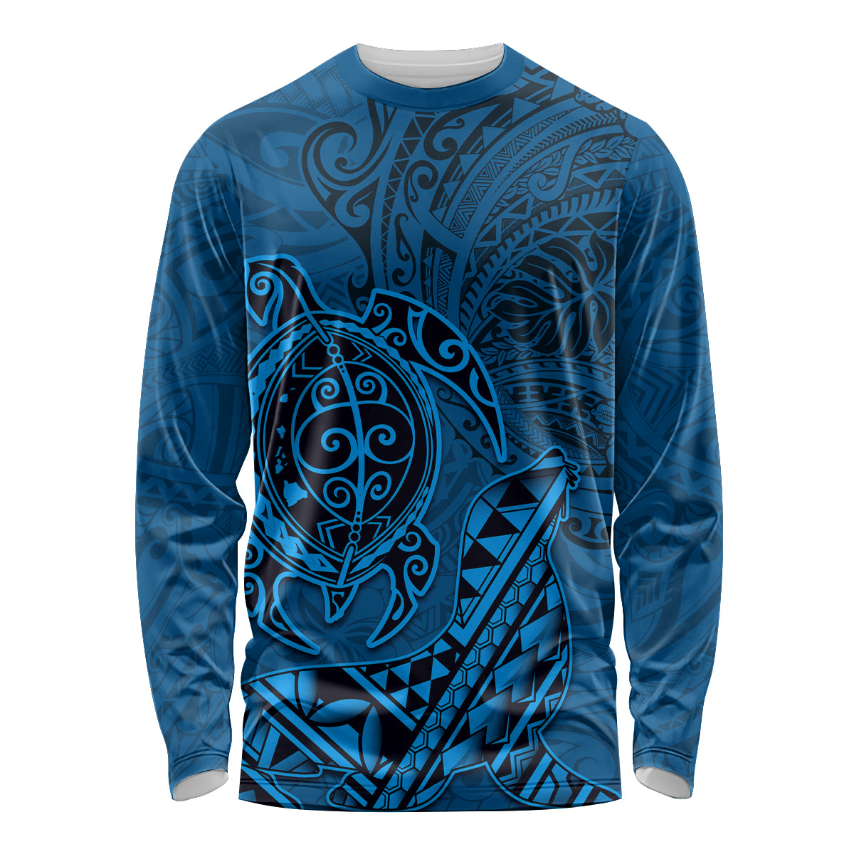 Hawaii Monk Seal and Dolphin Long Sleeve Shirt Polynesian Kakau Pattern Blue