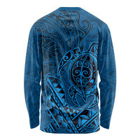 Hawaii Monk Seal and Dolphin Long Sleeve Shirt Polynesian Kakau Pattern Blue