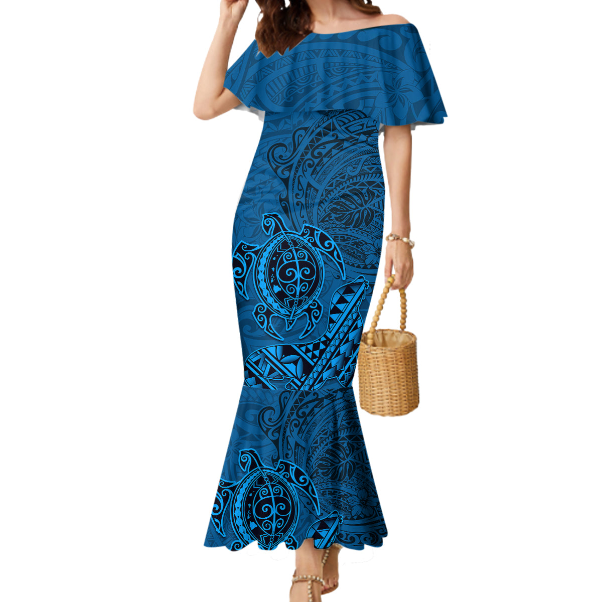 Hawaii Monk Seal and Dolphin Mermaid Dress Polynesian Kakau Pattern Blue