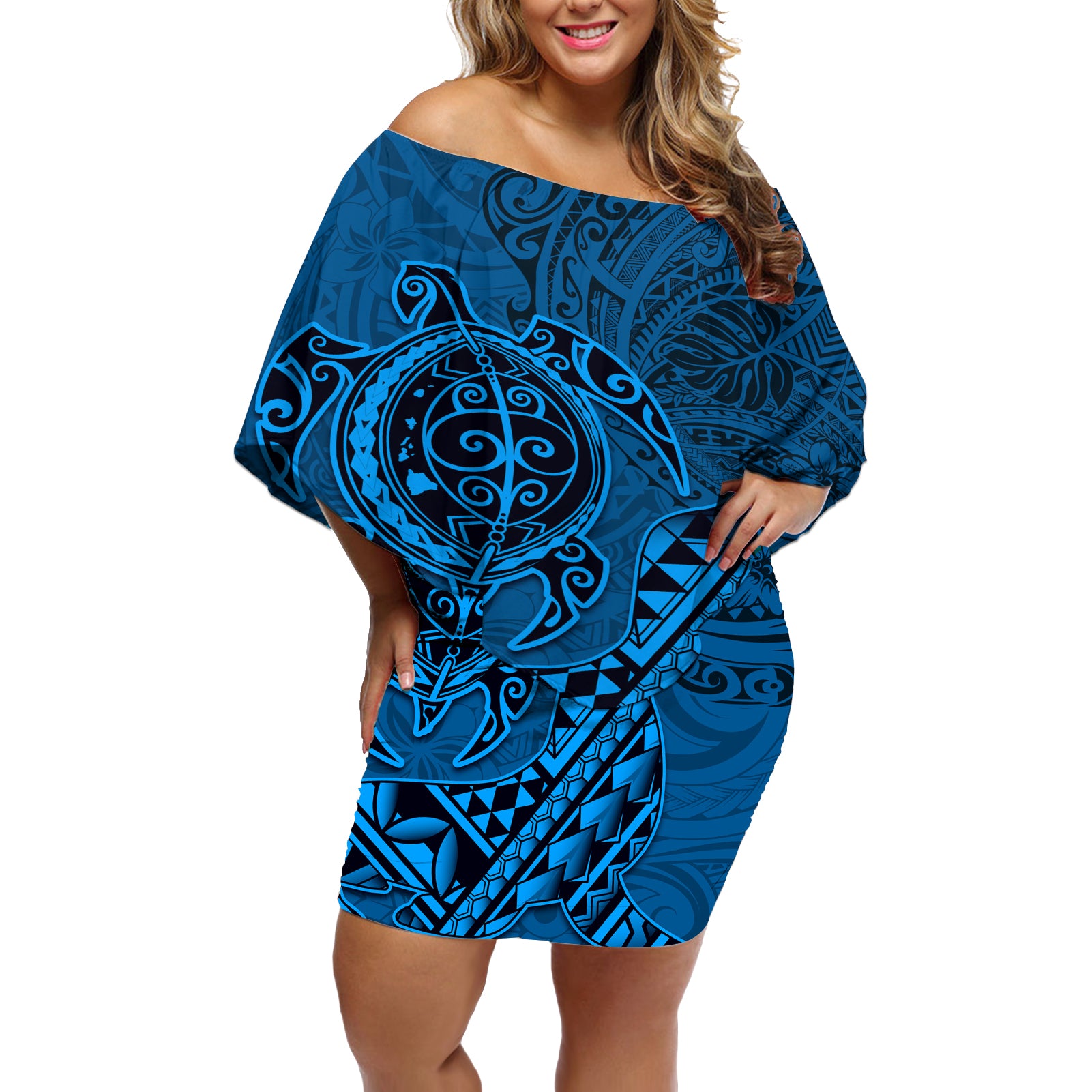 Hawaii Monk Seal and Dolphin Off Shoulder Short Dress Polynesian Kakau Pattern Blue