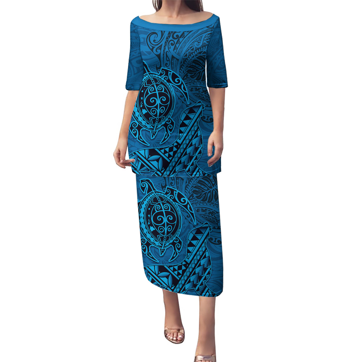 Hawaii Monk Seal and Dolphin Puletasi Polynesian Kakau Pattern Blue LT03 Long Dress Blue - Polynesian Pride