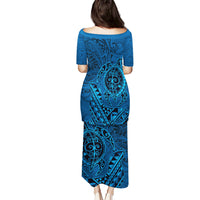 Hawaii Monk Seal and Dolphin Puletasi Polynesian Kakau Pattern Blue LT03 - Polynesian Pride