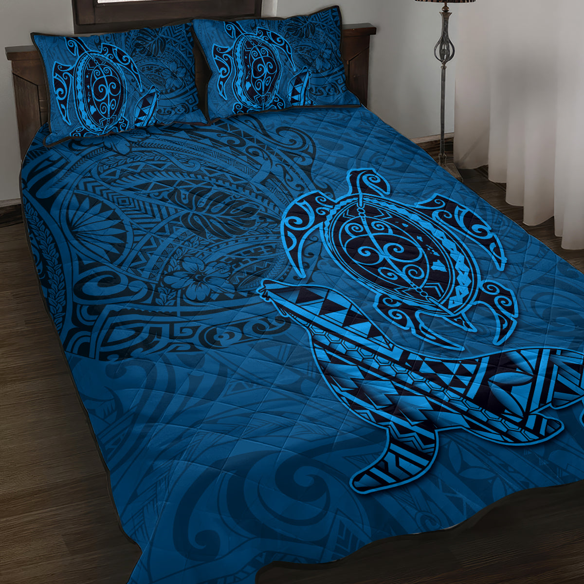 Hawaii Monk Seal and Dolphin Quilt Bed Set Polynesian Kakau Pattern Blue LT03 Blue - Polynesian Pride