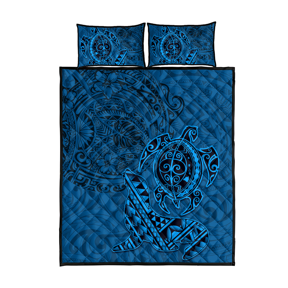 Hawaii Monk Seal and Dolphin Quilt Bed Set Polynesian Kakau Pattern Blue LT03 - Polynesian Pride