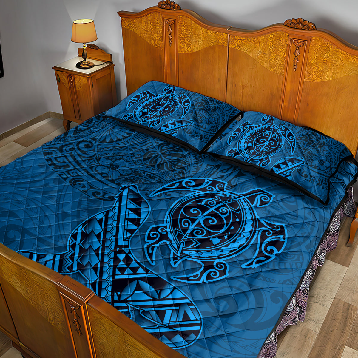 Hawaii Monk Seal and Dolphin Quilt Bed Set Polynesian Kakau Pattern Blue LT03 - Polynesian Pride