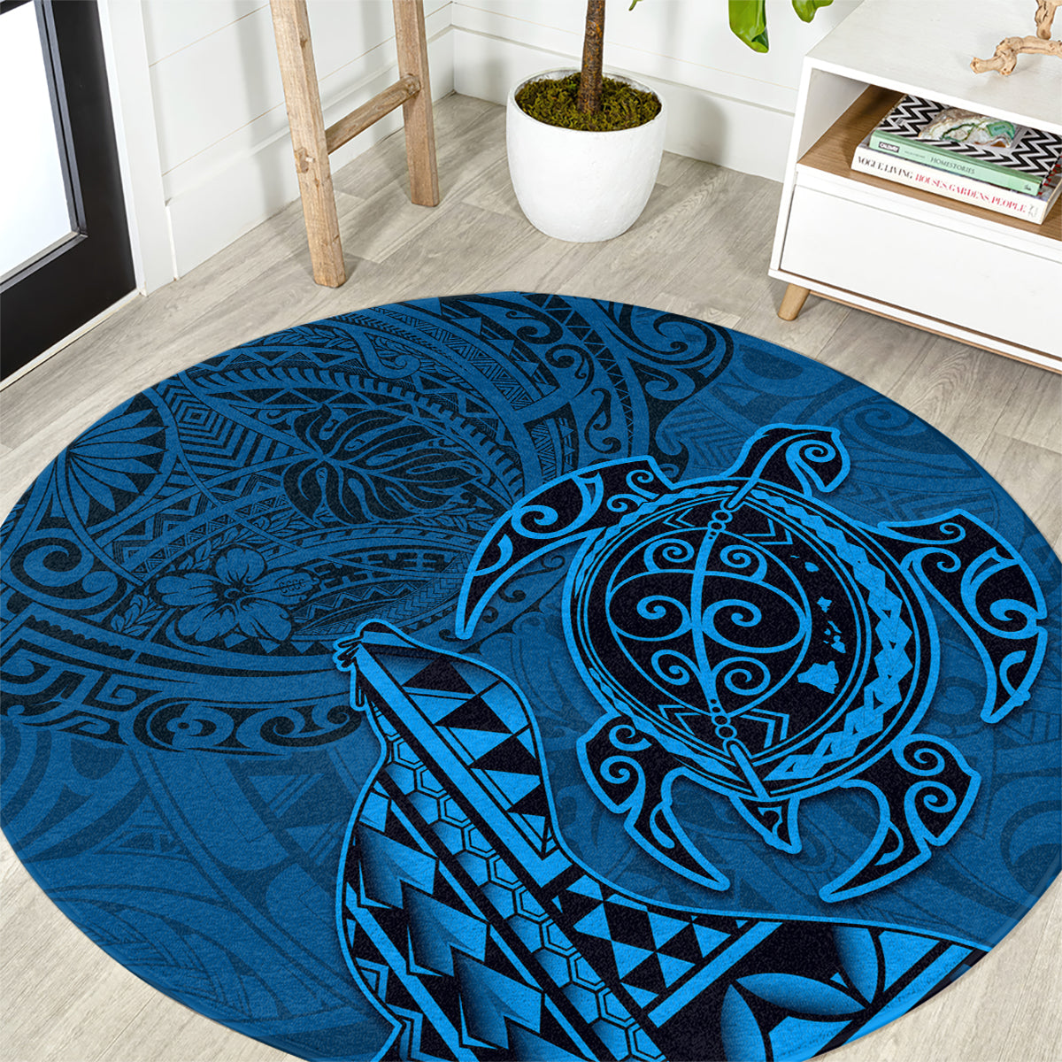 Hawaii Monk Seal and Dolphin Round Carpet Polynesian Kakau Pattern Blue