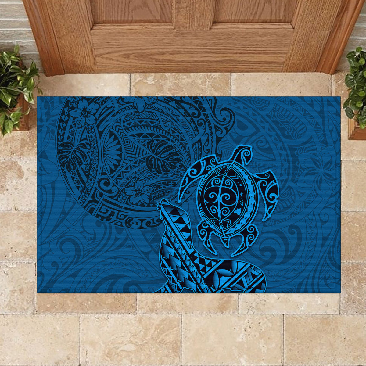 Hawaii Monk Seal and Dolphin Rubber Doormat Polynesian Kakau Pattern Blue LT03 - Polynesian Pride