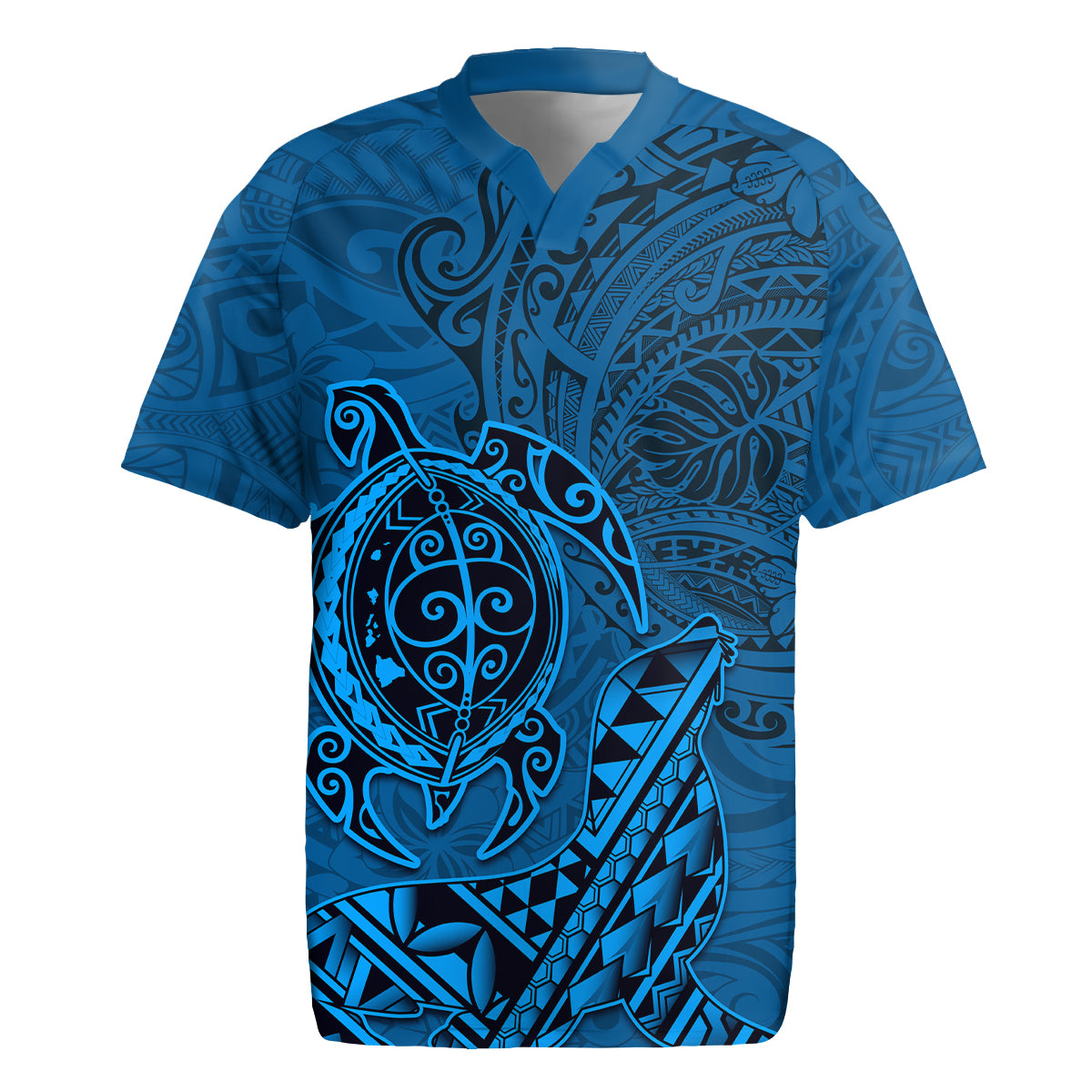 Hawaii Monk Seal and Dolphin Rugby Jersey Polynesian Kakau Pattern Blue LT03 Blue - Polynesian Pride