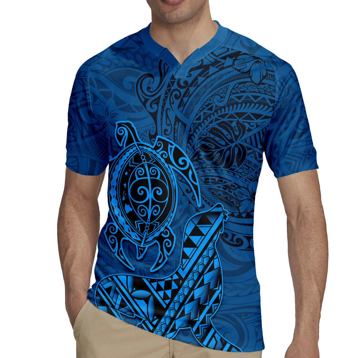Hawaii Monk Seal and Dolphin Rugby Jersey Polynesian Kakau Pattern Blue LT03 - Polynesian Pride