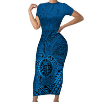 Hawaii Monk Seal and Dolphin Short Sleeve Bodycon Dress Polynesian Kakau Pattern Blue