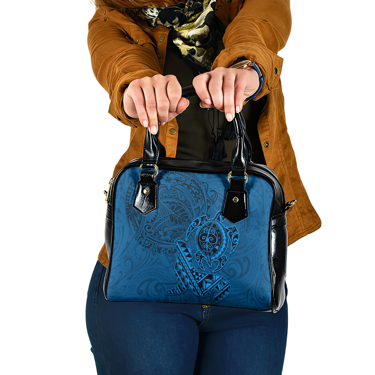 Hawaii Monk Seal and Dolphin Shoulder Handbag Polynesian Kakau Pattern Blue