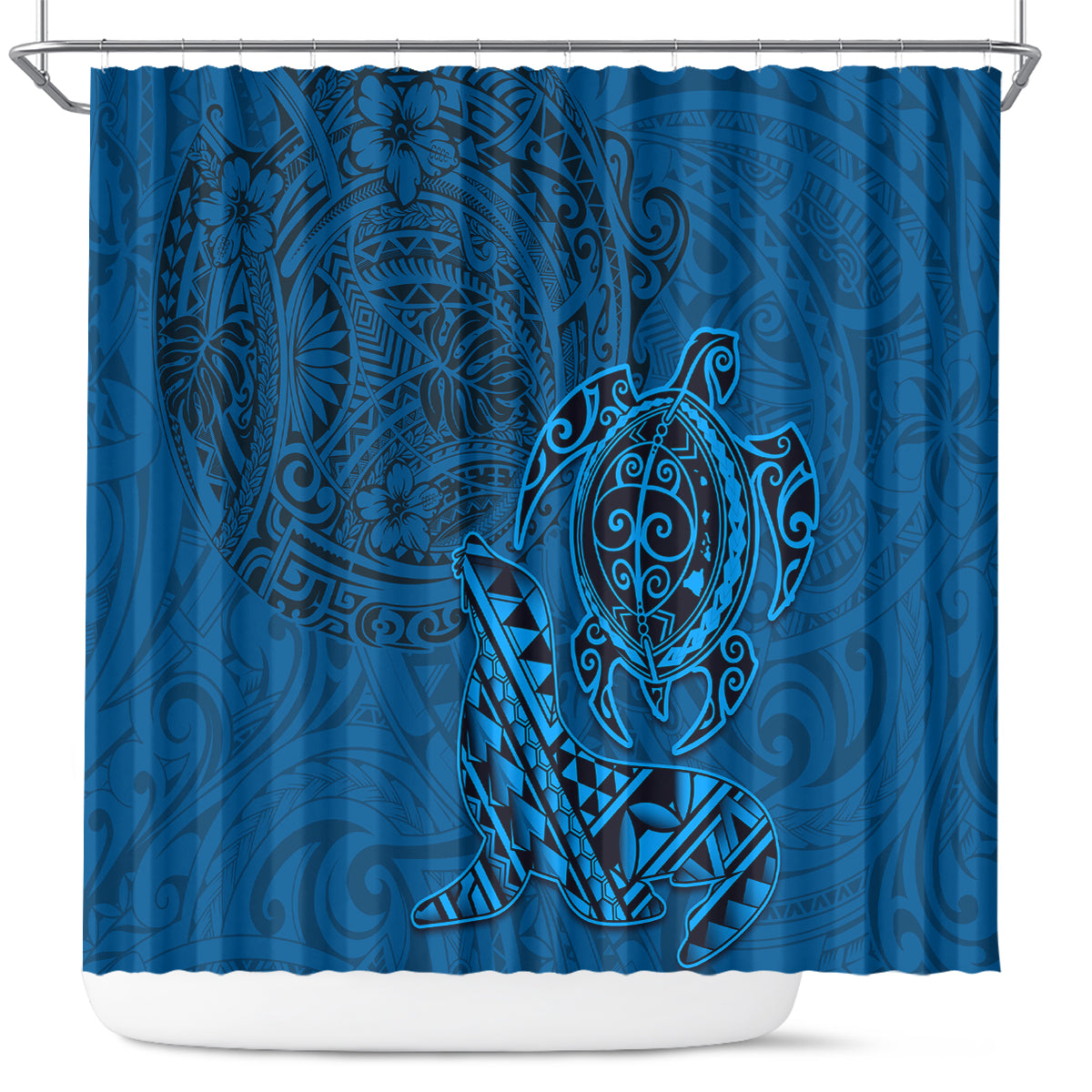 Hawaii Monk Seal and Dolphin Shower Curtain Polynesian Kakau Pattern Blue