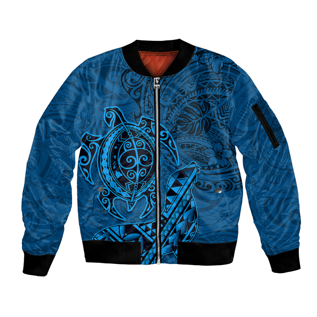 Hawaii Monk Seal and Dolphin Sleeve Zip Bomber Jacket Polynesian Kakau Pattern Blue LT03 Unisex Blue - Polynesian Pride