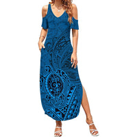Hawaii Monk Seal and Dolphin Summer Maxi Dress Polynesian Kakau Pattern Blue LT03 Women Blue - Polynesian Pride