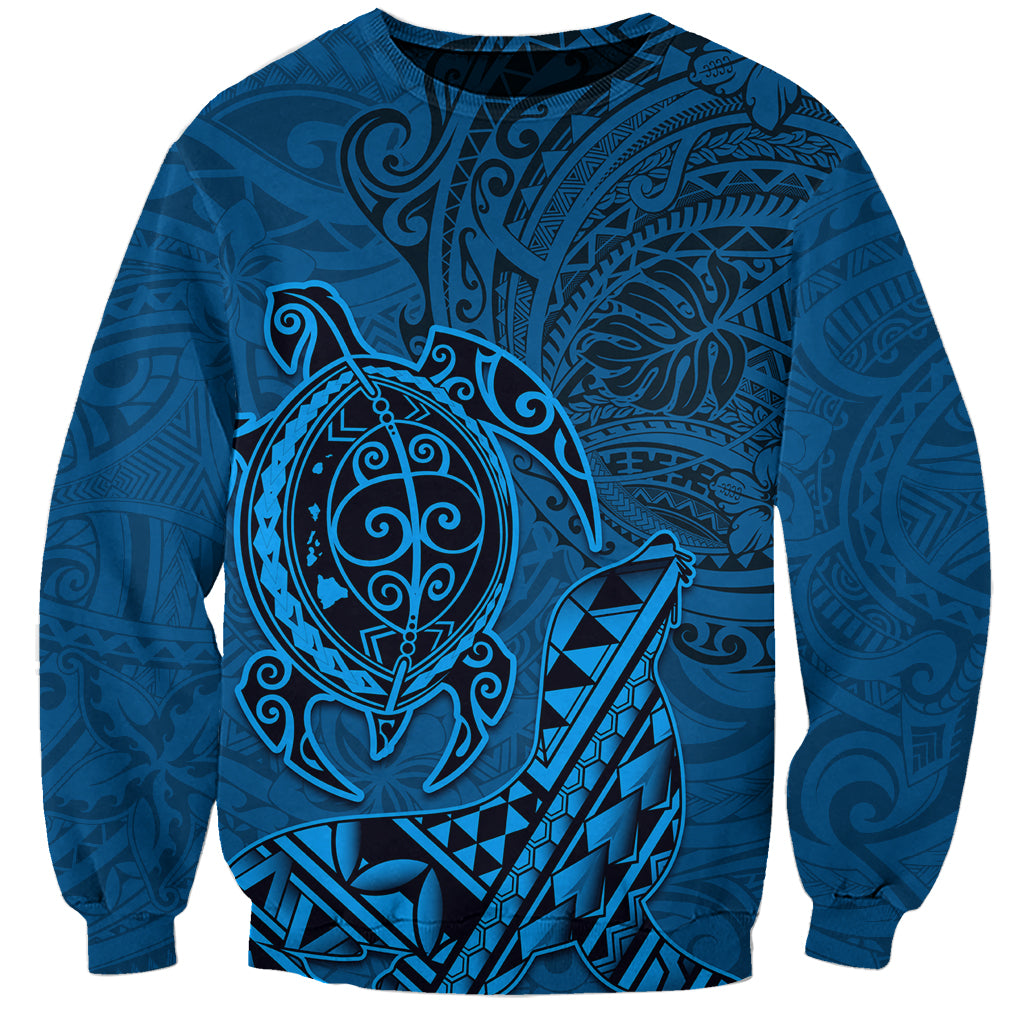 Hawaii Monk Seal and Dolphin Sweatshirt Polynesian Kakau Pattern Blue LT03 Unisex Blue - Polynesian Pride