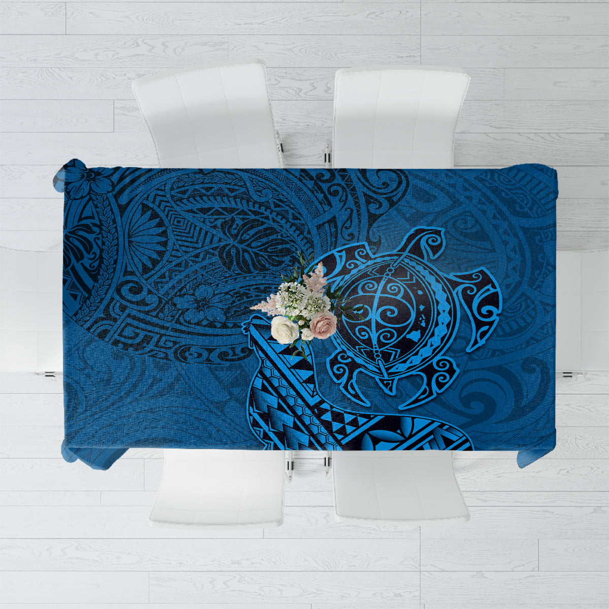 Hawaii Monk Seal and Dolphin Tablecloth Polynesian Kakau Pattern Blue LT03 Blue - Polynesian Pride
