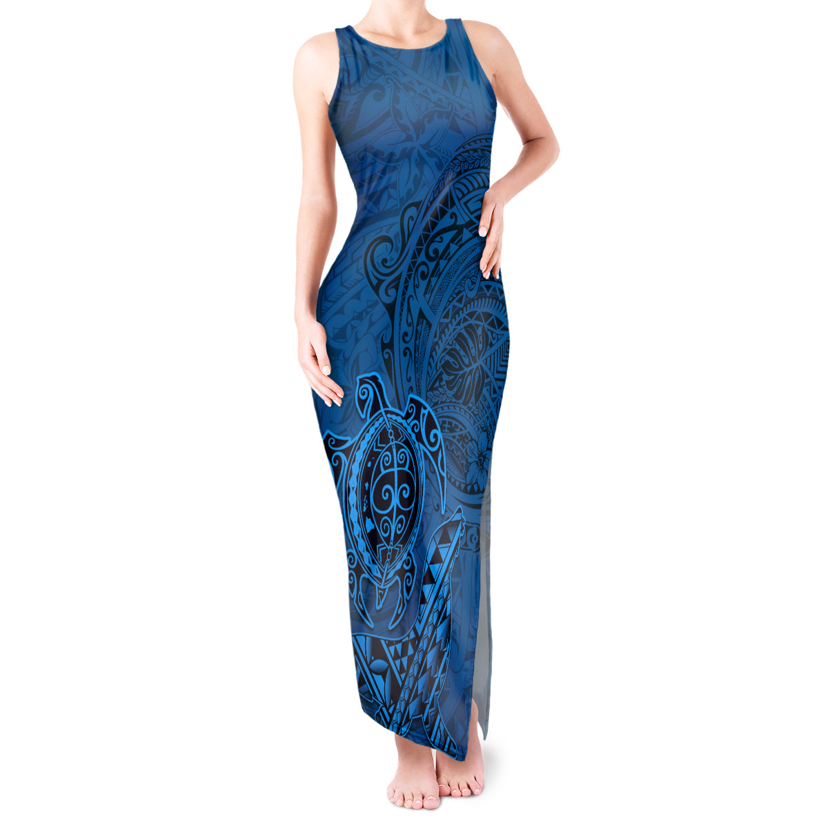 Hawaii Monk Seal and Dolphin Tank Maxi Dress Polynesian Kakau Pattern Blue