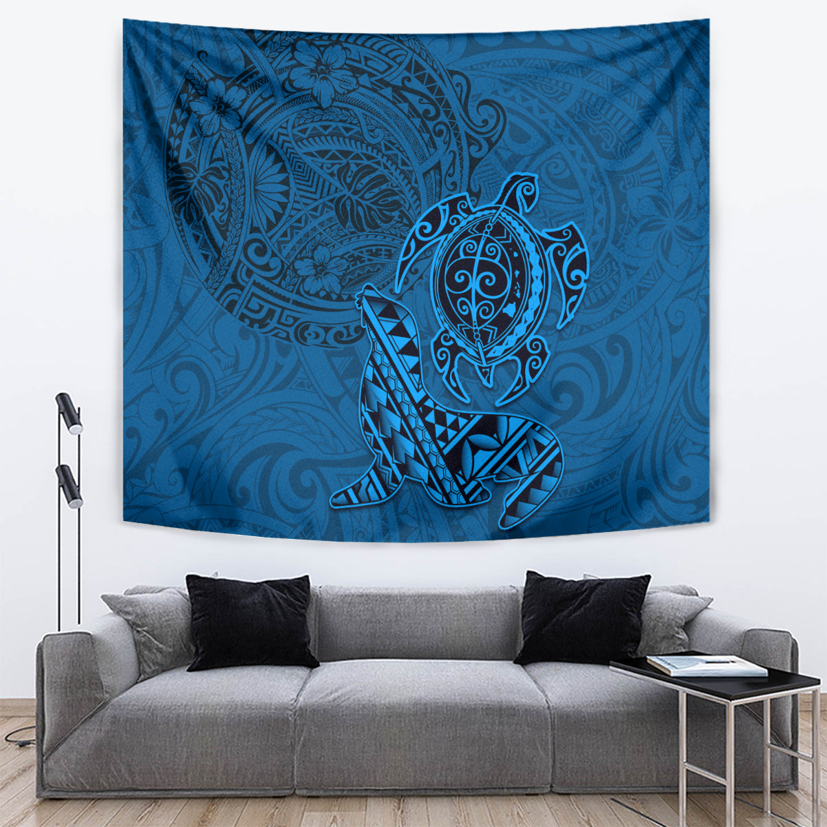 Hawaii Monk Seal and Dolphin Tapestry Polynesian Kakau Pattern Blue