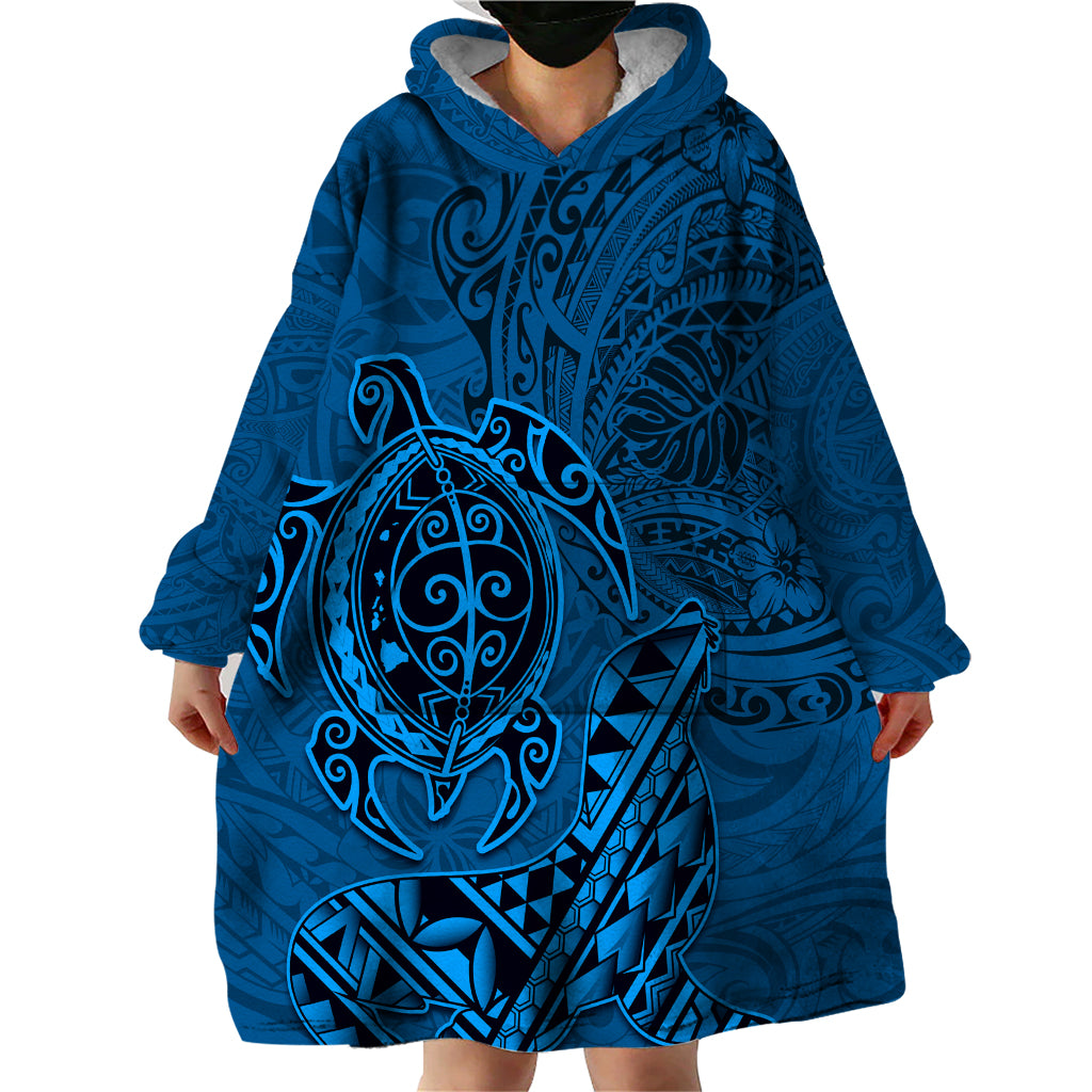 Hawaii Monk Seal and Dolphin Wearable Blanket Hoodie Polynesian Kakau Pattern Blue LT03 - Polynesian Pride
