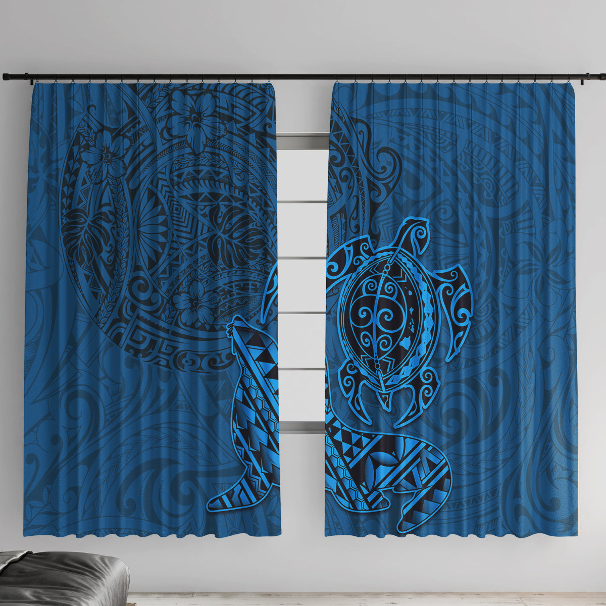 Hawaii Monk Seal and Dolphin Window Curtain Polynesian Kakau Pattern Blue