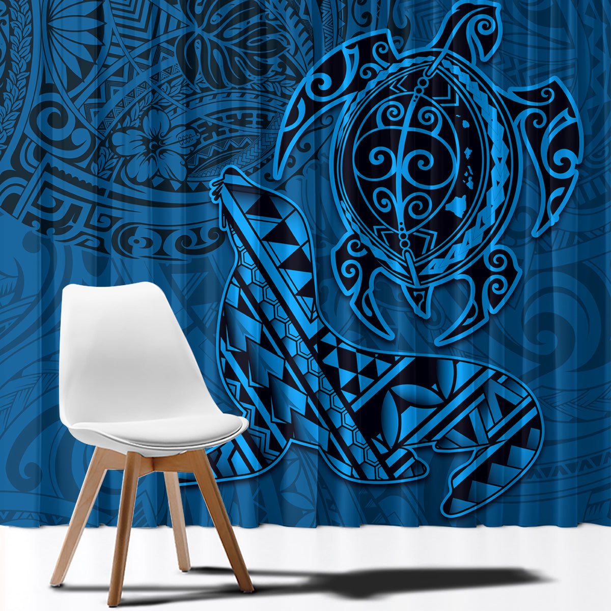 Hawaii Monk Seal and Dolphin Window Curtain Polynesian Kakau Pattern Blue LT03 - Polynesian Pride