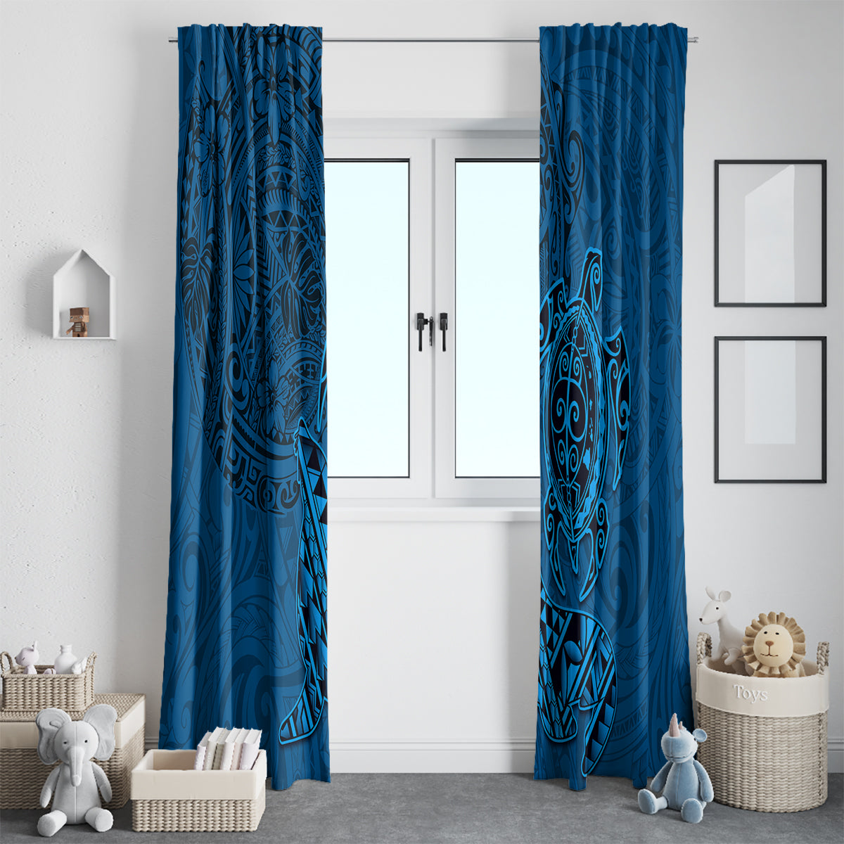 Hawaii Monk Seal and Dolphin Window Curtain Polynesian Kakau Pattern Blue LT03 - Polynesian Pride