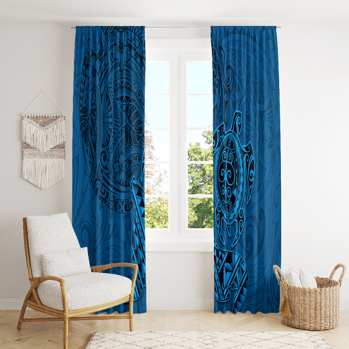 Hawaii Monk Seal and Dolphin Window Curtain Polynesian Kakau Pattern Blue LT03 - Polynesian Pride