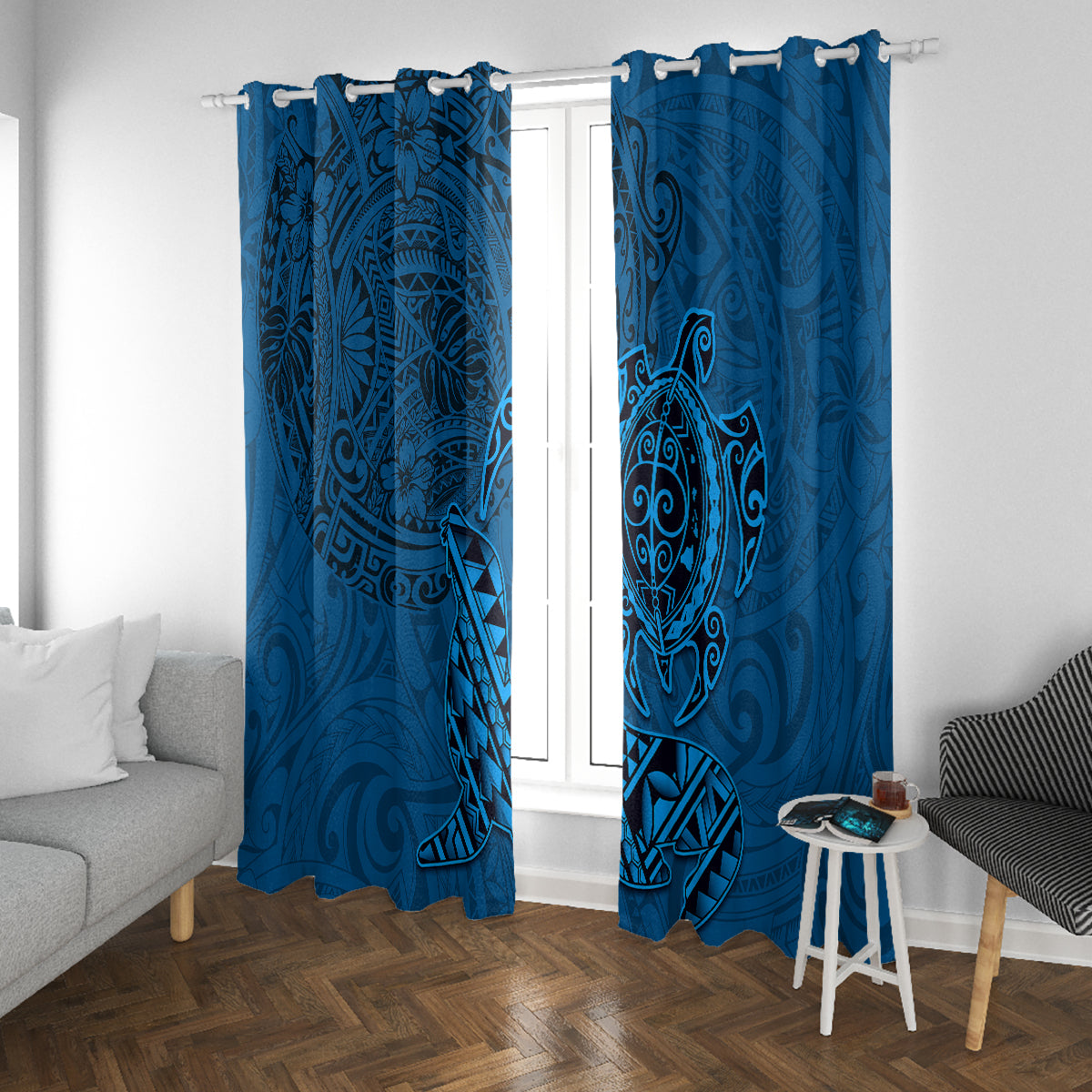 Hawaii Monk Seal and Dolphin Window Curtain Polynesian Kakau Pattern Blue LT03 With Grommets Blue - Polynesian Pride