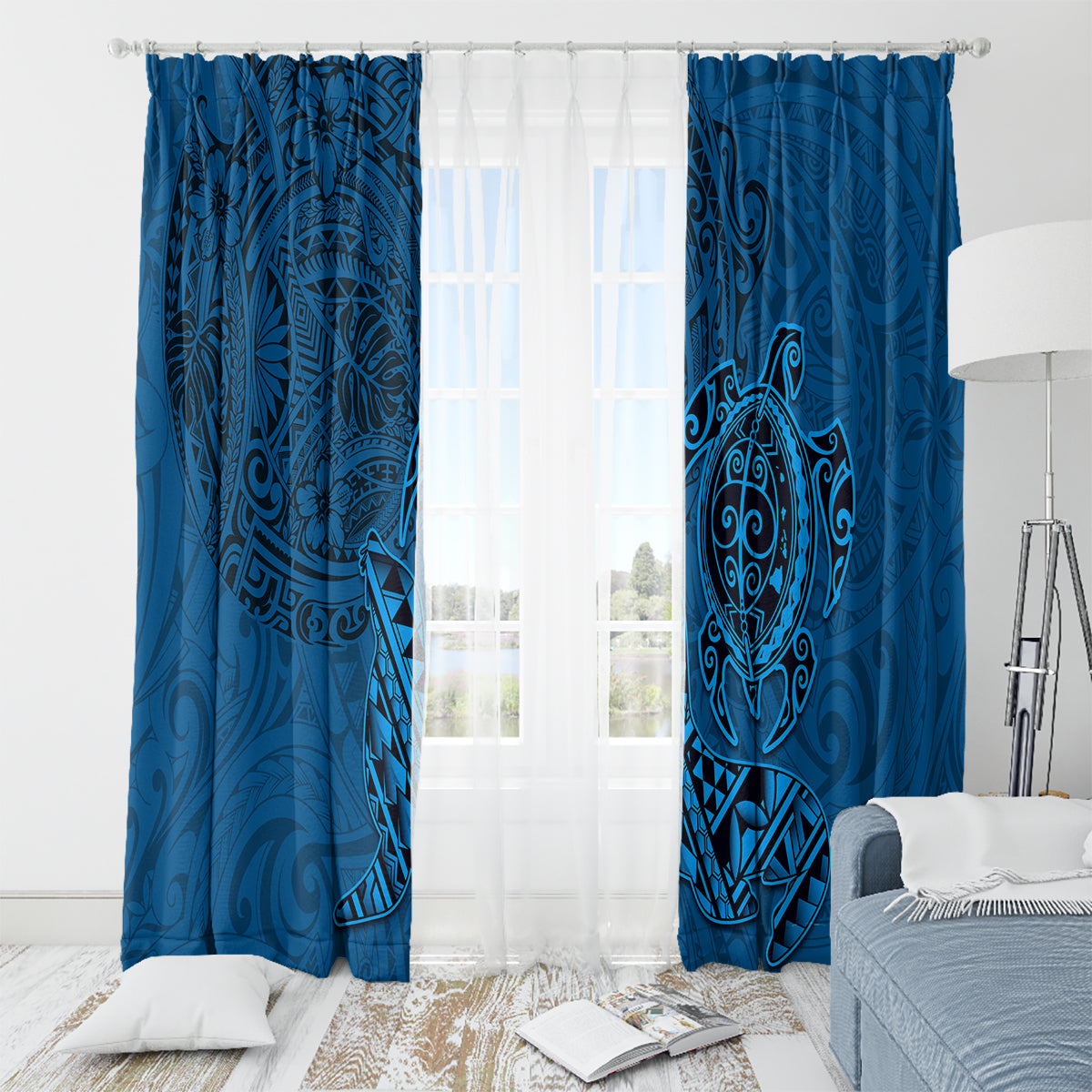 Hawaii Monk Seal and Dolphin Window Curtain Polynesian Kakau Pattern Blue LT03 - Polynesian Pride