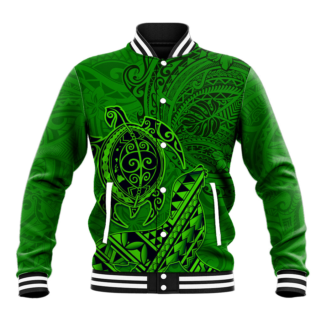 Hawaii Monk Seal and Dolphin Baseball Jacket Polynesian Kakau Pattern Green LT03 Unisex Green - Polynesian Pride