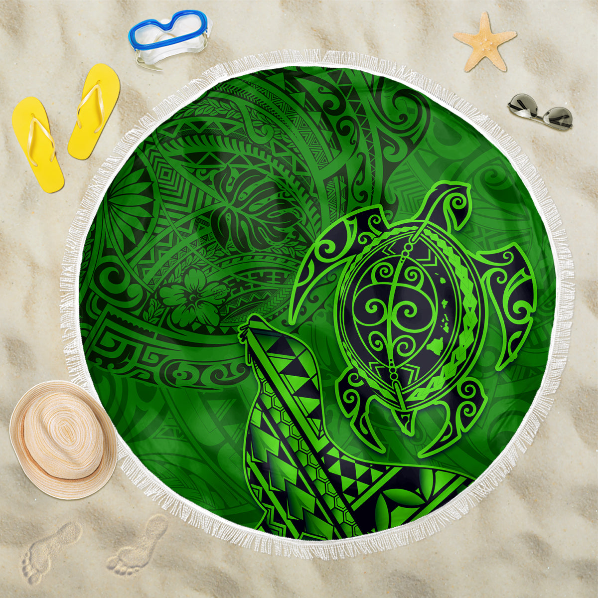 Hawaii Monk Seal and Dolphin Beach Blanket Polynesian Kakau Pattern Green LT03 One Size 150cm Green - Polynesian Pride