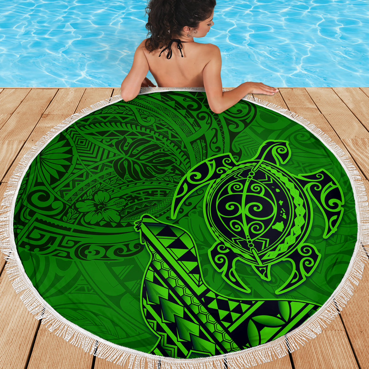 Hawaii Monk Seal and Dolphin Beach Blanket Polynesian Kakau Pattern Green LT03 - Polynesian Pride