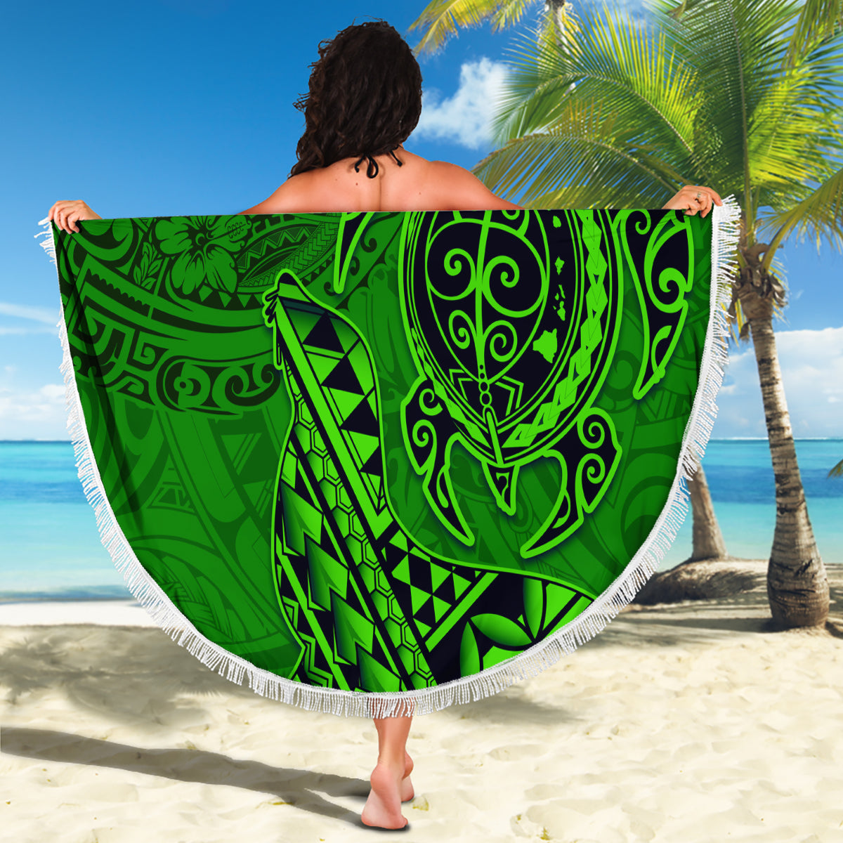 Hawaii Monk Seal and Dolphin Beach Blanket Polynesian Kakau Pattern Green LT03 - Polynesian Pride