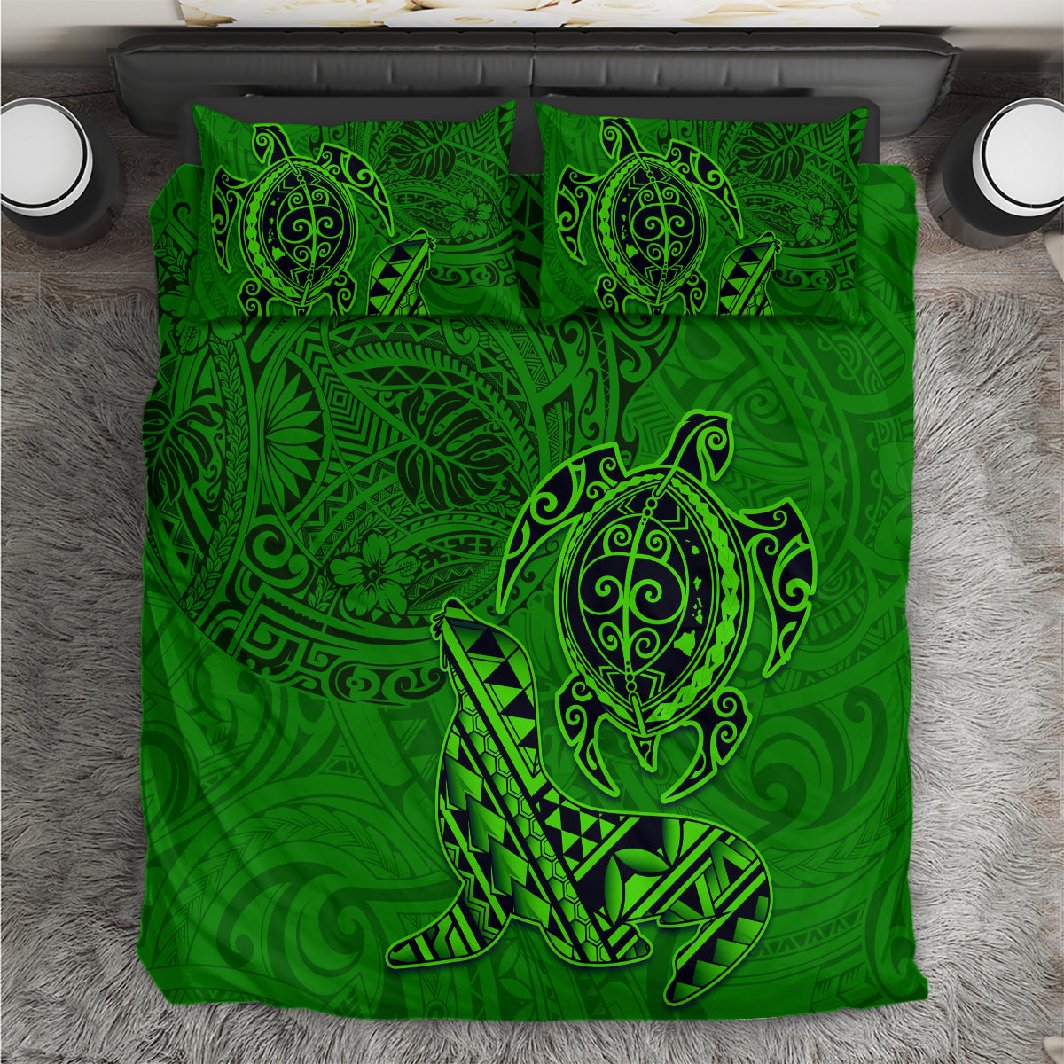 Hawaii Monk Seal and Dolphin Bedding Set Polynesian Kakau Pattern Green LT03 Green - Polynesian Pride