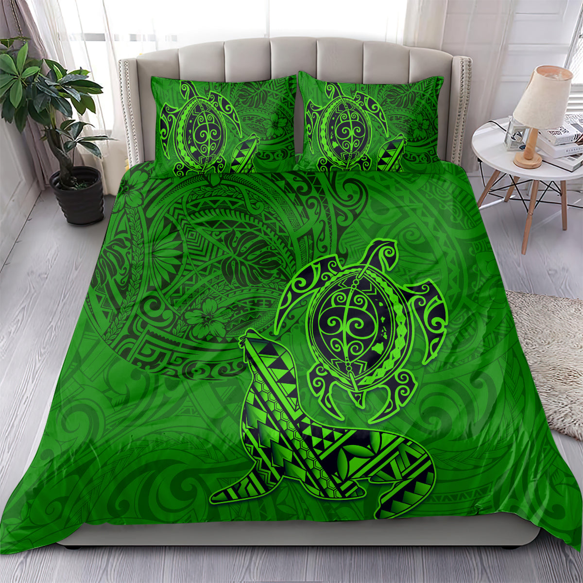 Hawaii Monk Seal and Dolphin Bedding Set Polynesian Kakau Pattern Green LT03 - Polynesian Pride