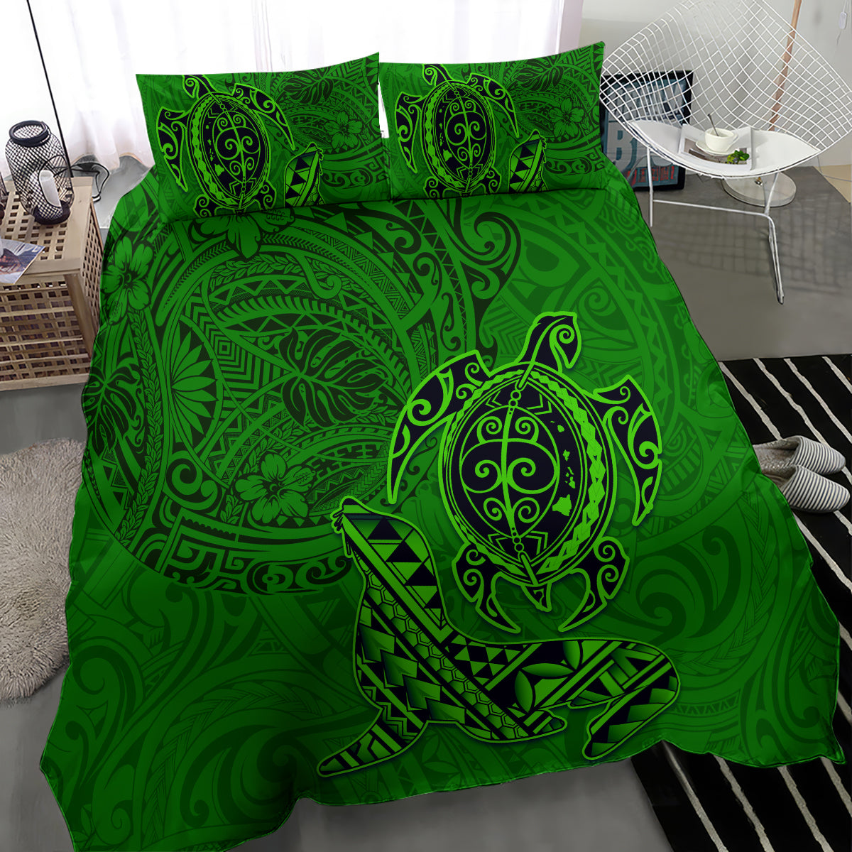 Hawaii Monk Seal and Dolphin Bedding Set Polynesian Kakau Pattern Green LT03 - Polynesian Pride