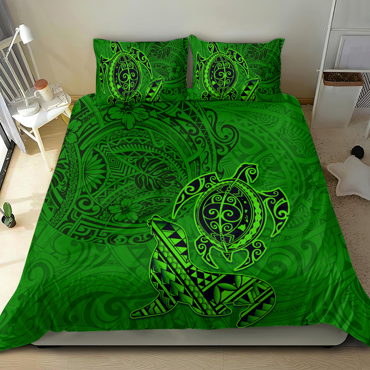 Hawaii Monk Seal and Dolphin Bedding Set Polynesian Kakau Pattern Green LT03 - Polynesian Pride
