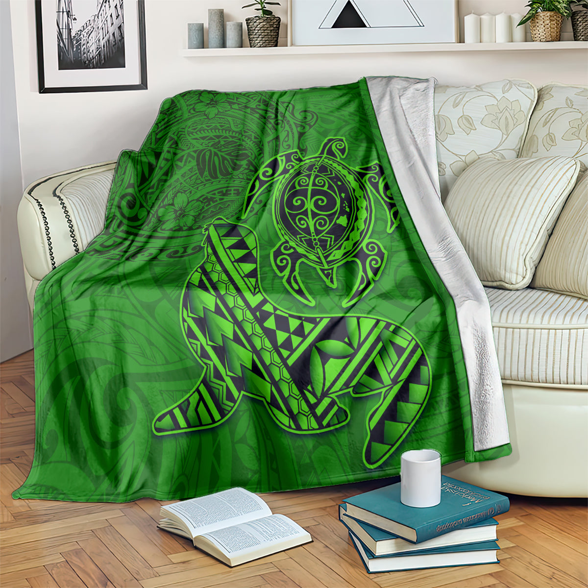 Hawaii Monk Seal and Dolphin Blanket Polynesian Kakau Pattern Green