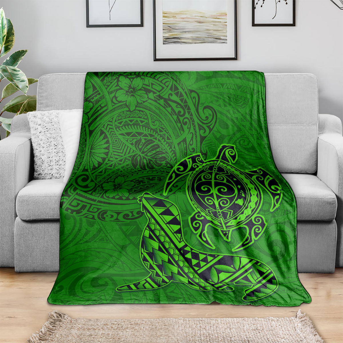 Hawaii Monk Seal and Dolphin Blanket Polynesian Kakau Pattern Green LT03 - Polynesian Pride