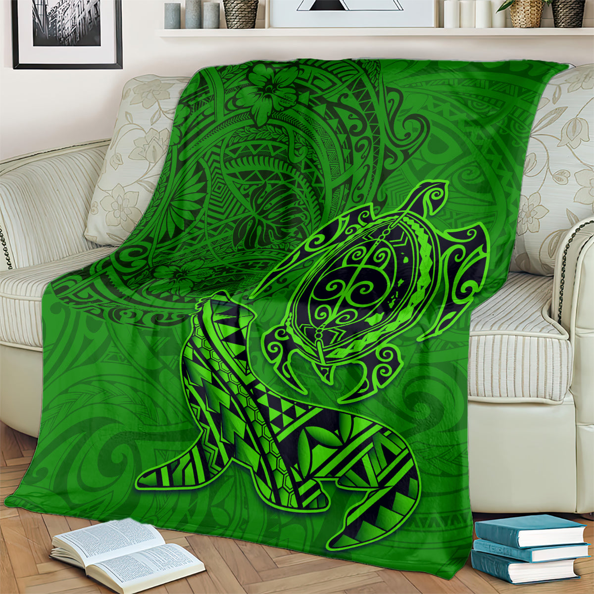 Hawaii Monk Seal and Dolphin Blanket Polynesian Kakau Pattern Green LT03 - Polynesian Pride