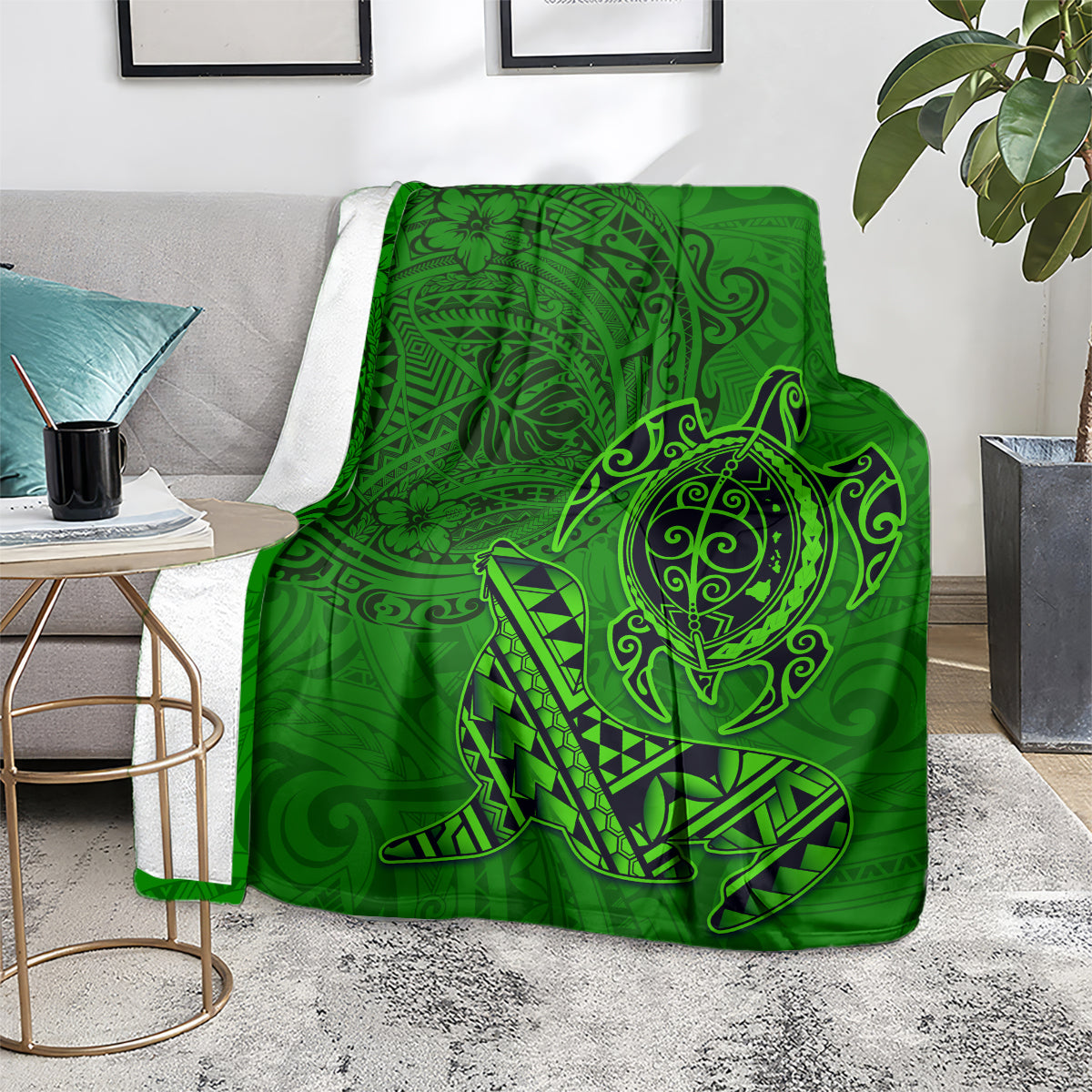 Hawaii Monk Seal and Dolphin Blanket Polynesian Kakau Pattern Green LT03 - Polynesian Pride