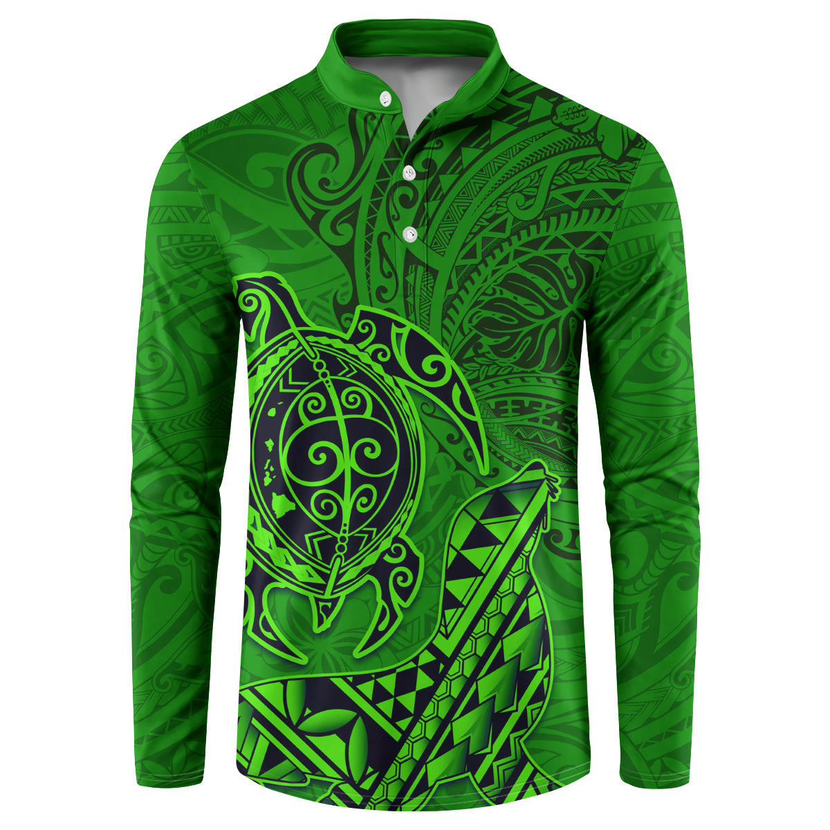 Hawaii Monk Seal and Dolphin Button Sweatshirt Polynesian Kakau Pattern Green LT03 Green - Polynesian Pride