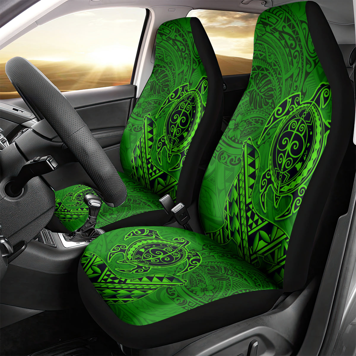 Hawaii Monk Seal and Dolphin Car Seat Cover Polynesian Kakau Pattern Green