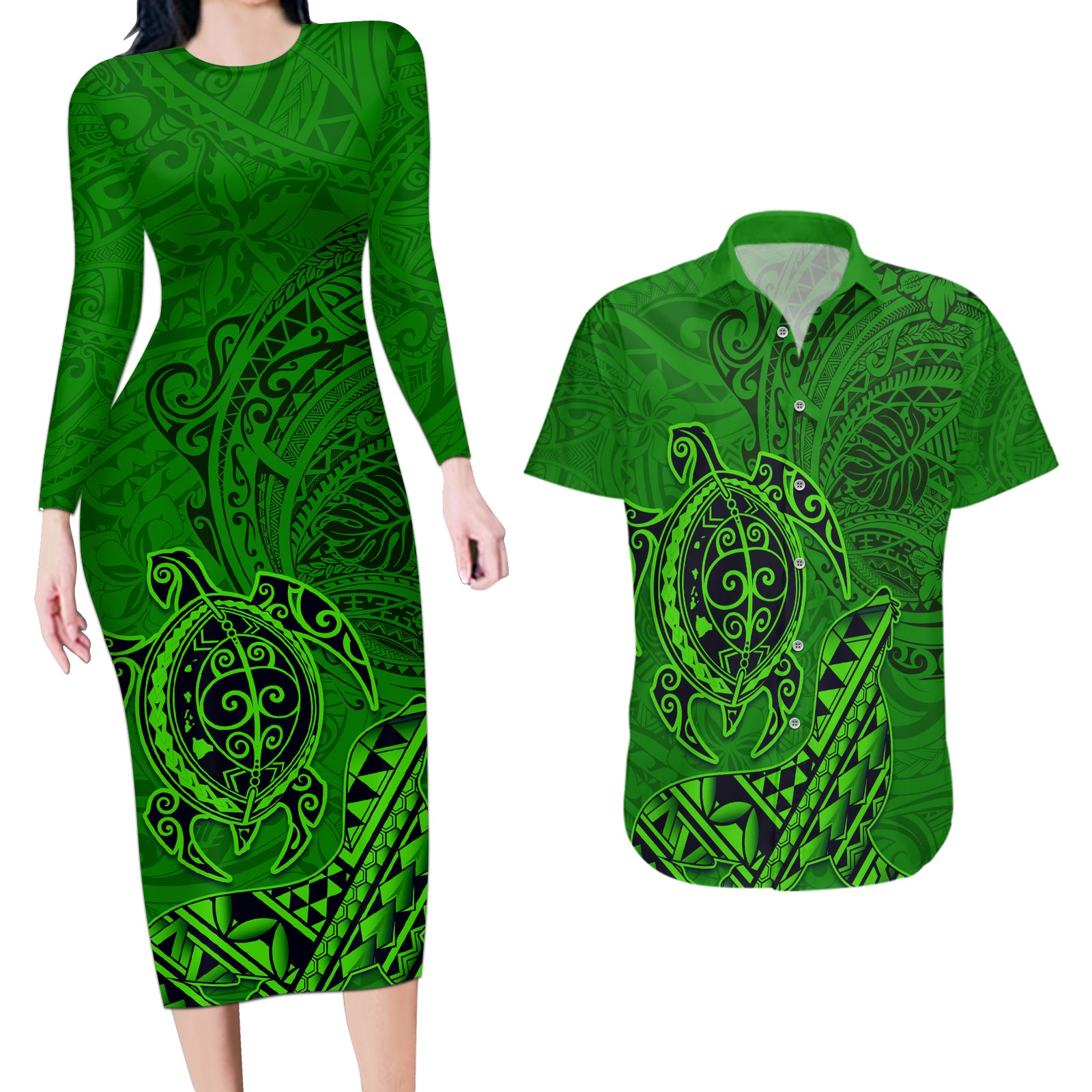 Hawaii Monk Seal and Dolphin Couples Matching Long Sleeve Bodycon Dress and Hawaiian Shirt Polynesian Kakau Pattern Green LT03 Green - Polynesian Pride