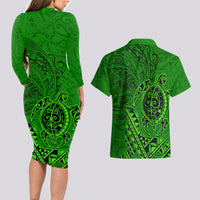 Hawaii Monk Seal and Dolphin Couples Matching Long Sleeve Bodycon Dress and Hawaiian Shirt Polynesian Kakau Pattern Green LT03 - Polynesian Pride