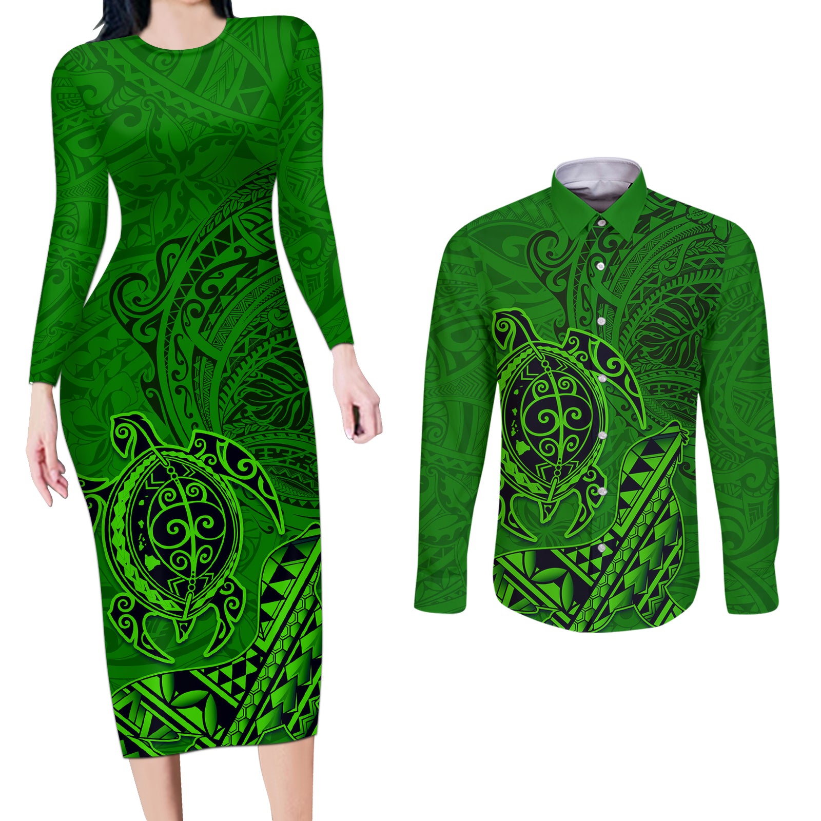 Hawaii Monk Seal and Dolphin Couples Matching Long Sleeve Bodycon Dress and Long Sleeve Button Shirt Polynesian Kakau Pattern Green LT03 Green - Polynesian Pride