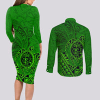 Hawaii Monk Seal and Dolphin Couples Matching Long Sleeve Bodycon Dress and Long Sleeve Button Shirt Polynesian Kakau Pattern Green LT03 - Polynesian Pride