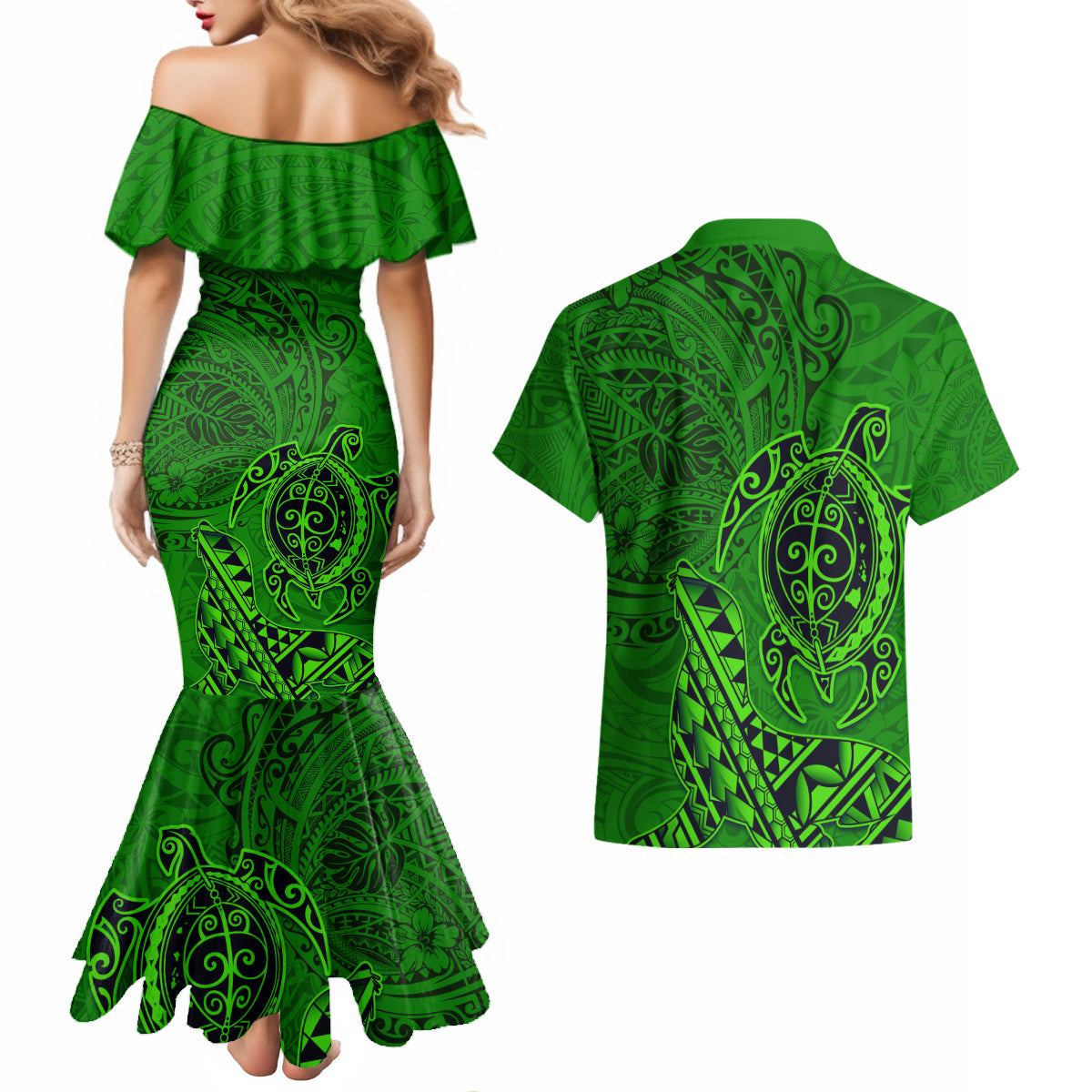 Hawaii Monk Seal and Dolphin Couples Matching Mermaid Dress and Hawaiian Shirt Polynesian Kakau Pattern Green