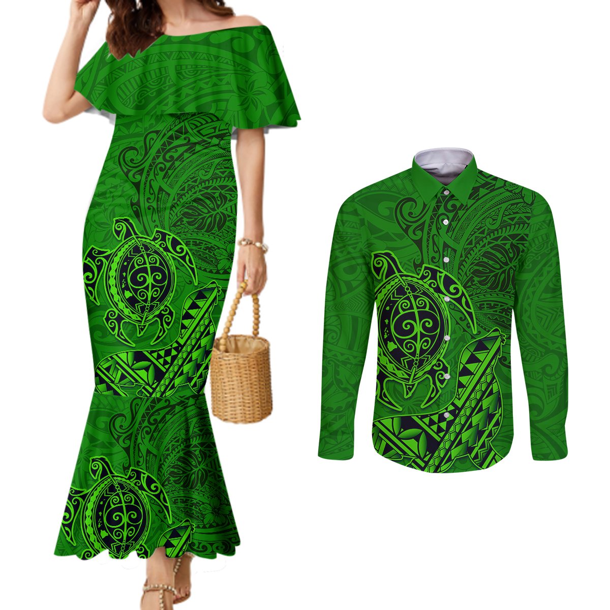 Hawaii Monk Seal and Dolphin Couples Matching Mermaid Dress and Long Sleeve Button Shirt Polynesian Kakau Pattern Green LT03 Green - Polynesian Pride